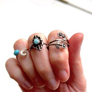 Set of three rings sterling silver turquoise abalone adjustable flower designs